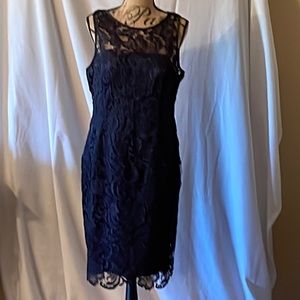 Adrianna Papell satin sheath dress with lace overlay size 14 navy blue